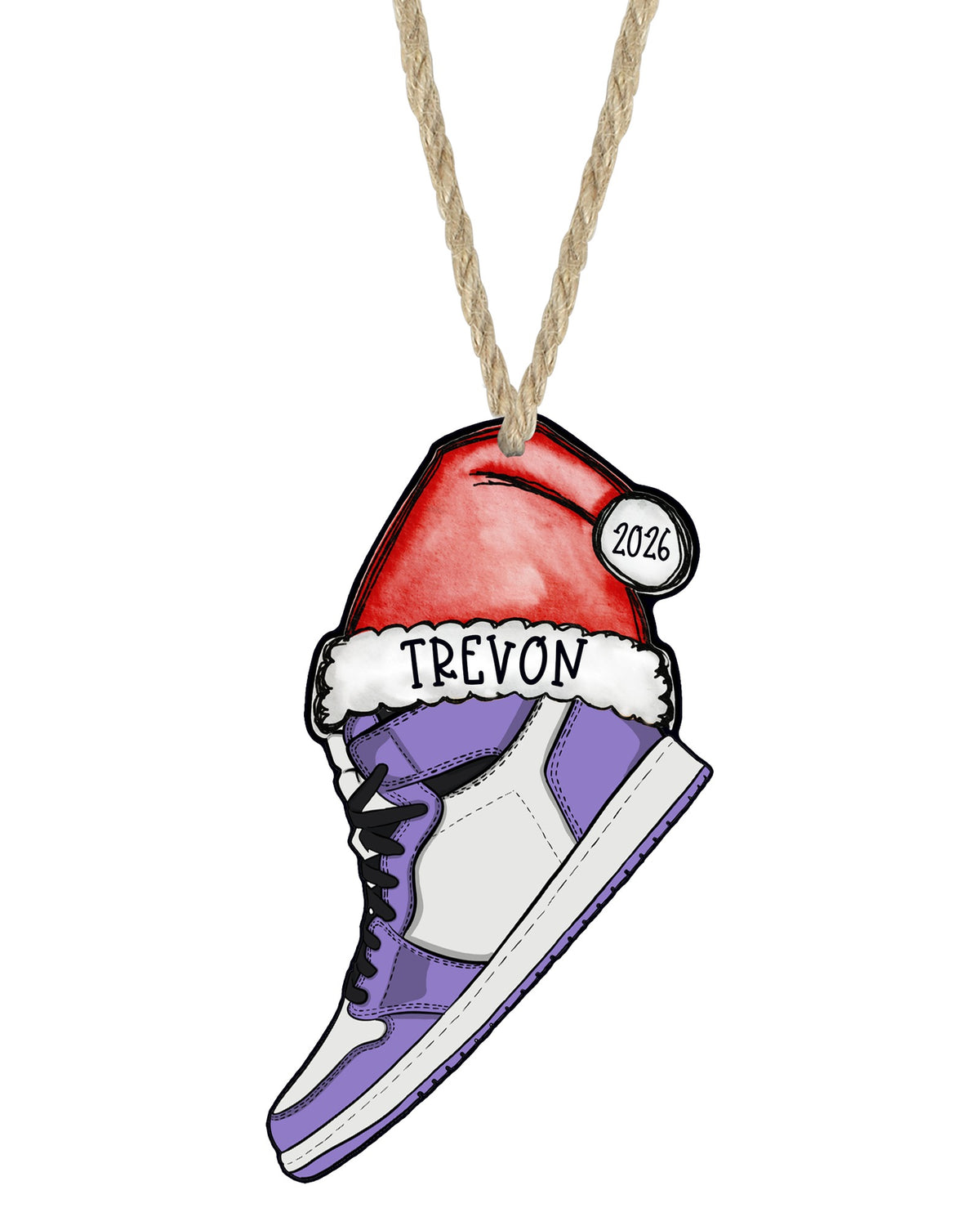 Purple sneaker Christmas ornament on white with rope hanger - The Painted Pug