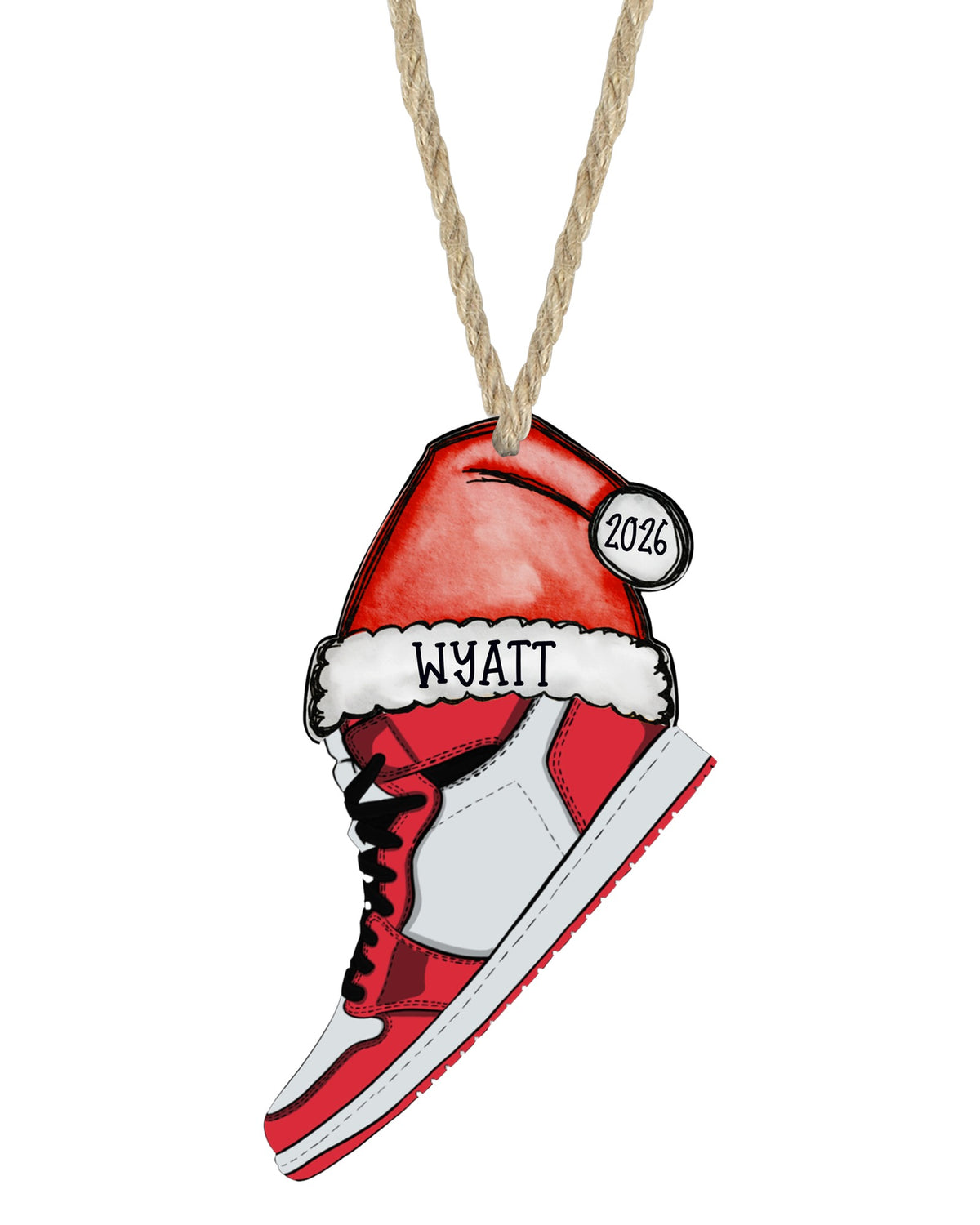 Red, white and black sneaker Christmas ornament on white with rope hanger - The Painted Pug