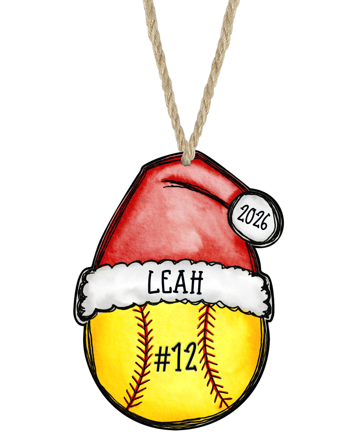 Softball 2026 Christmas ornament on white with rope hanger - The Painted Pug