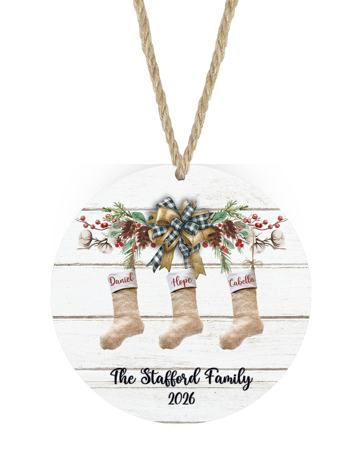 Stocking mantle family Christmas ornament with 3 stockings on white with rope hanger - The Painted Pug