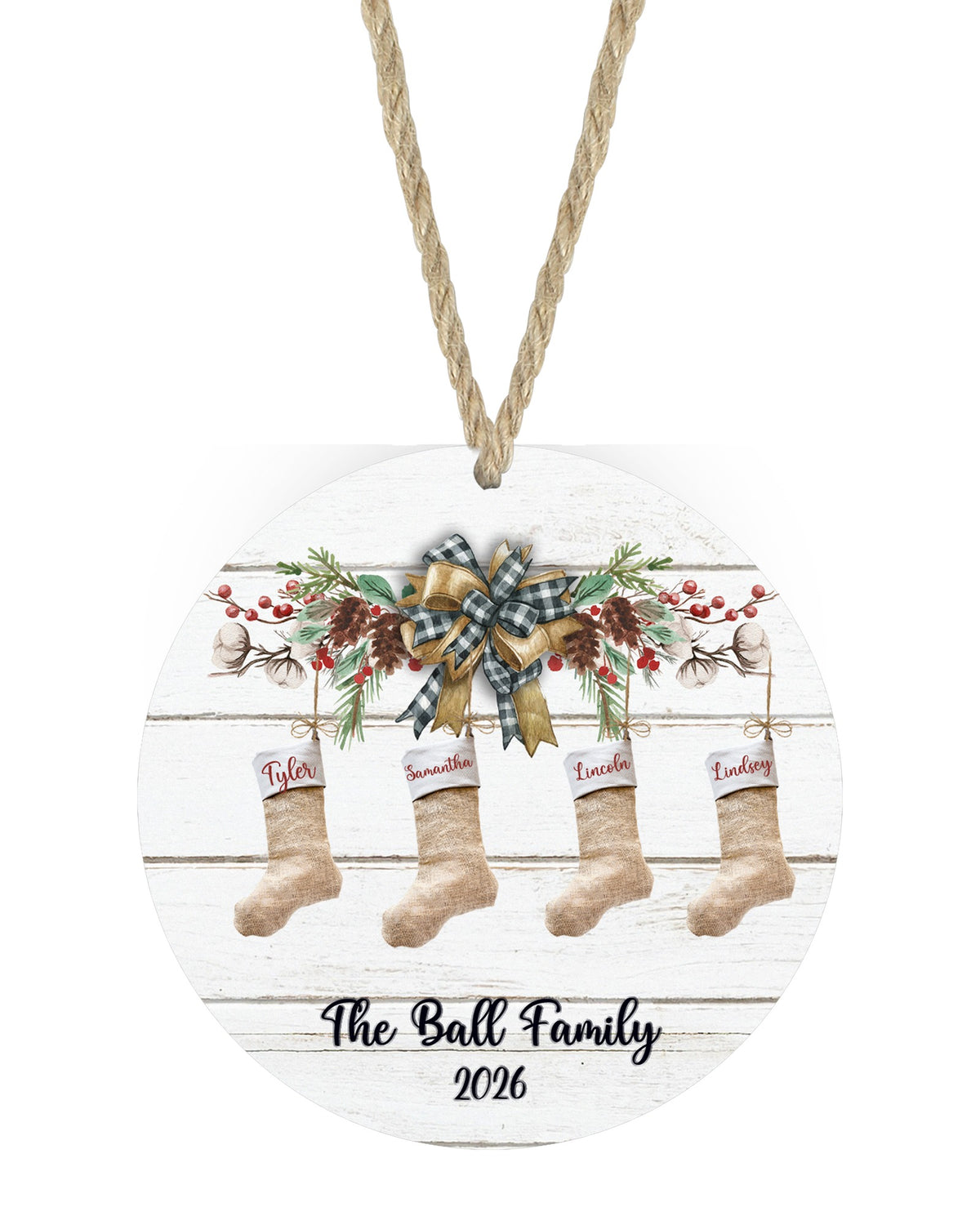 Stocking mantle family Christmas ornament with 4 stockings on white with rope hanger - The Painted Pug