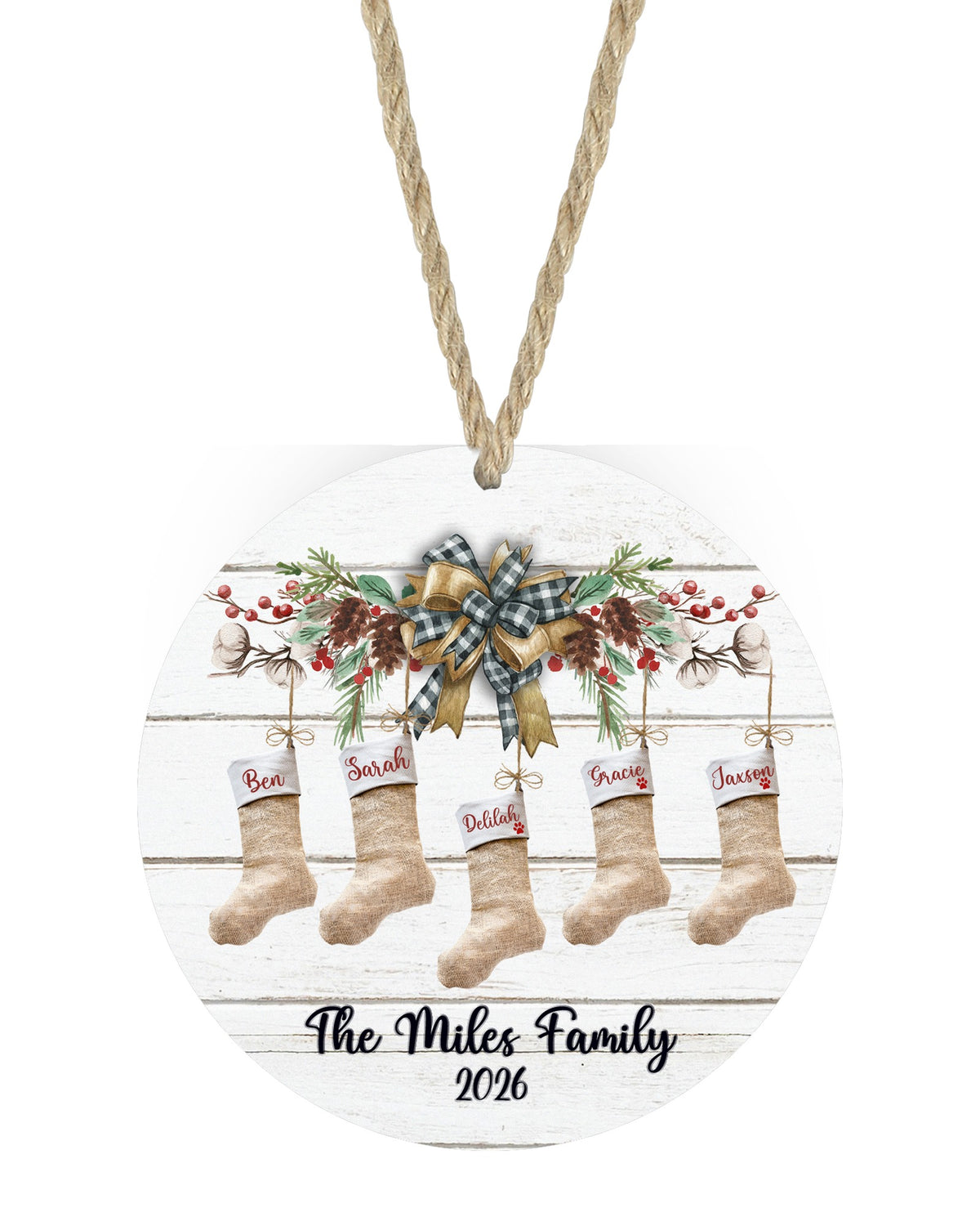 Stocking mantle family Christmas ornament with 5 stockings on white with rope hanger - The Painted Pug
