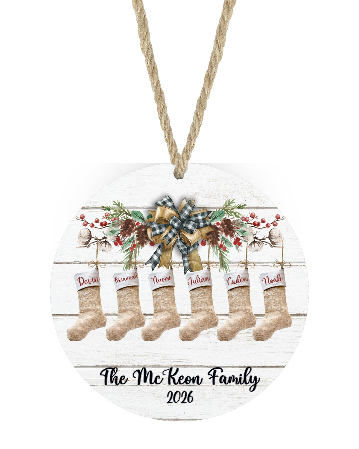 Stocking mantle family Christmas ornament with 6 stockings on white with rope hanger - The Painted Pug