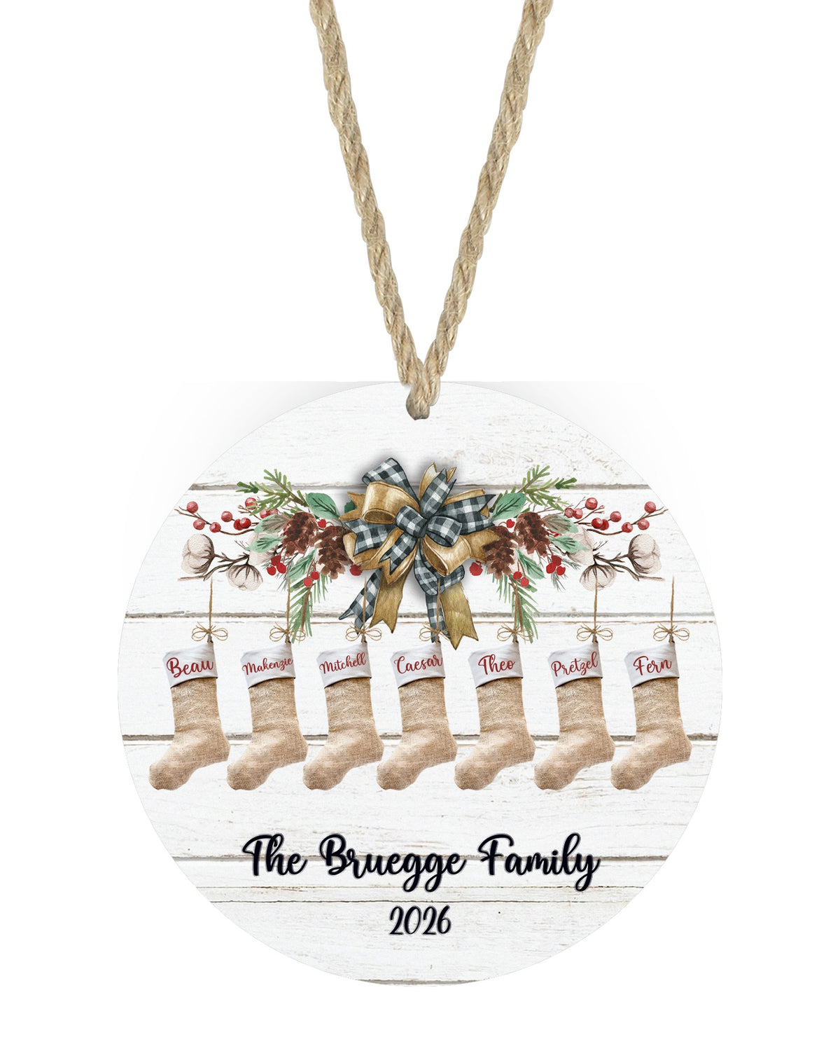 Stocking mantle family Christmas ornament with 7 stockings on white with rope hanger - The Painted Pug