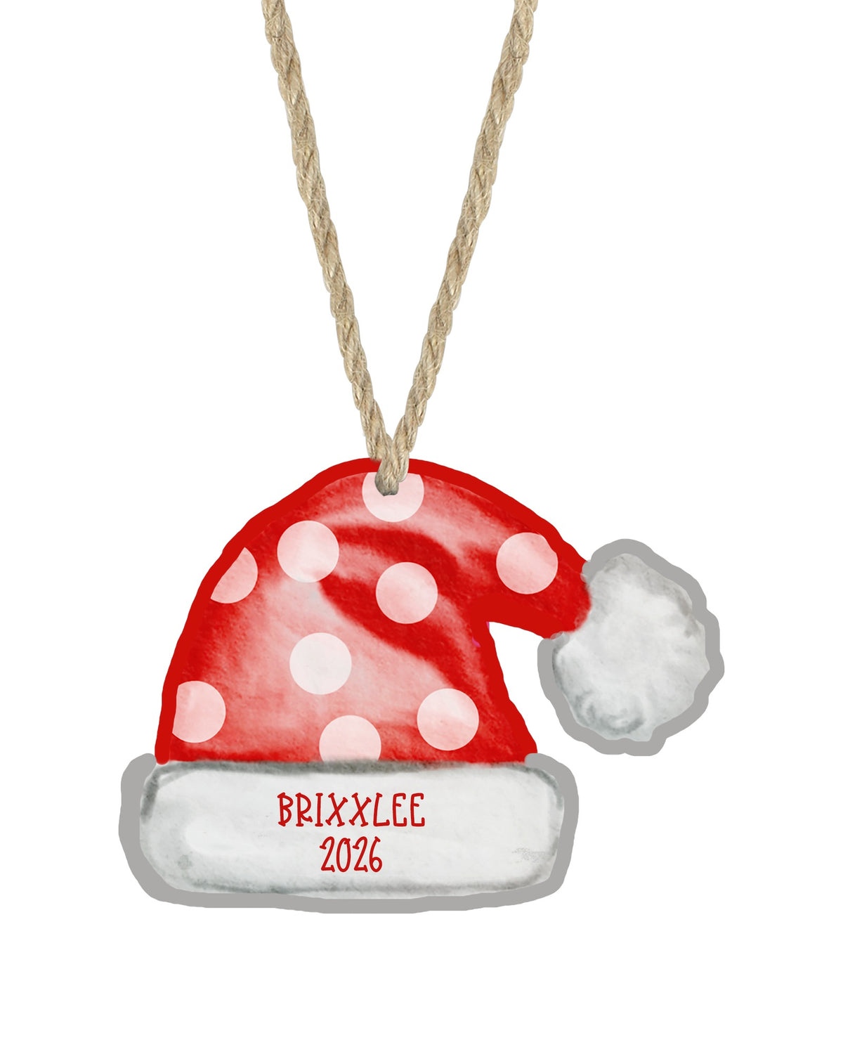 Santa Hat Christmas ornament on white with rope hanger - The Painted Pug