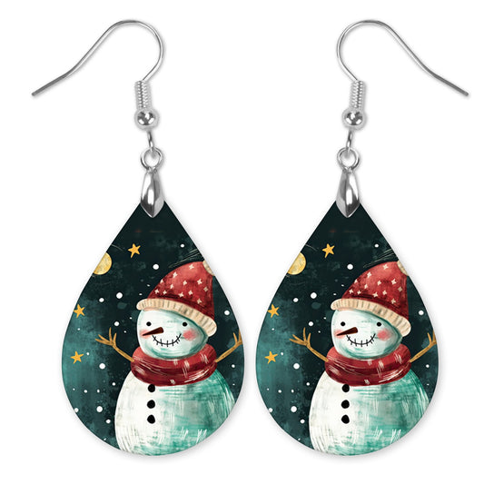 Snowman Santa Hat Christmas Teardrop Earrings - Festive Holiday Jewelry