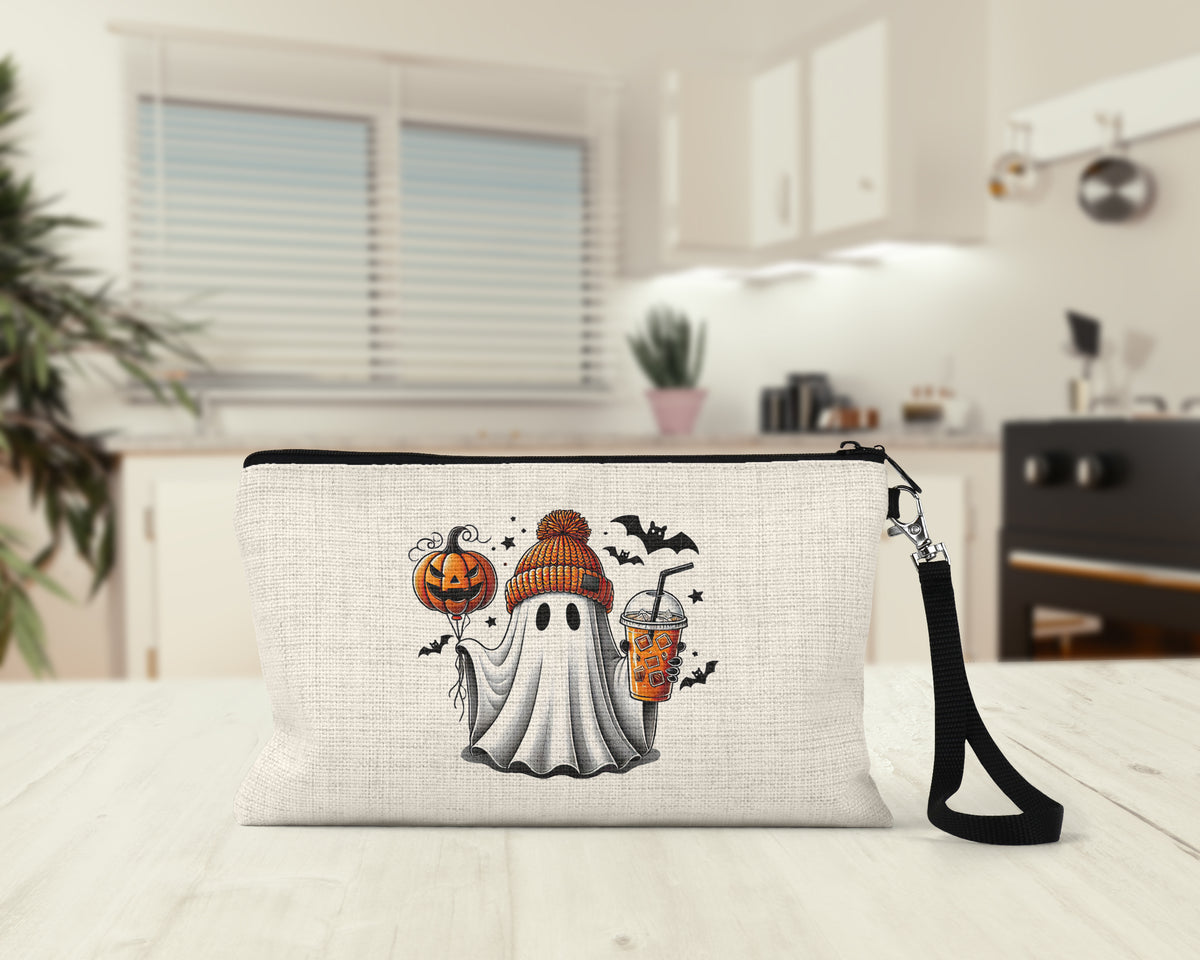 Spooky Ghost Iced Coffee Makeup Bag on a kitchen counter