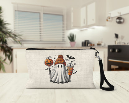 Spooky Ghost Iced Coffee Makeup Bag on a kitchen counter