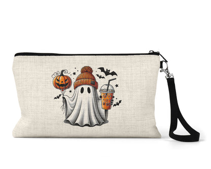 Spooky Ghost Iced Coffee Makeup Bag front view on a white background