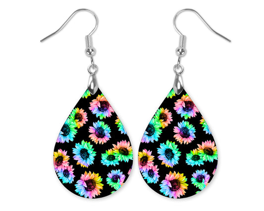 Rainbow Sunflower Teardrop Earrings – Colorful Floral Dangle Jewelry on Black