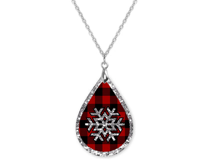 Snowflake Buffalo Plaid Teardrop Shape Necklace