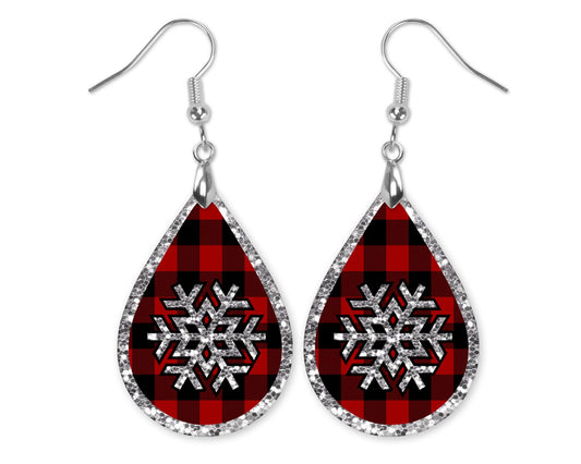 Christmas Snowflake Buffalo Plaid Teardrop Earrings