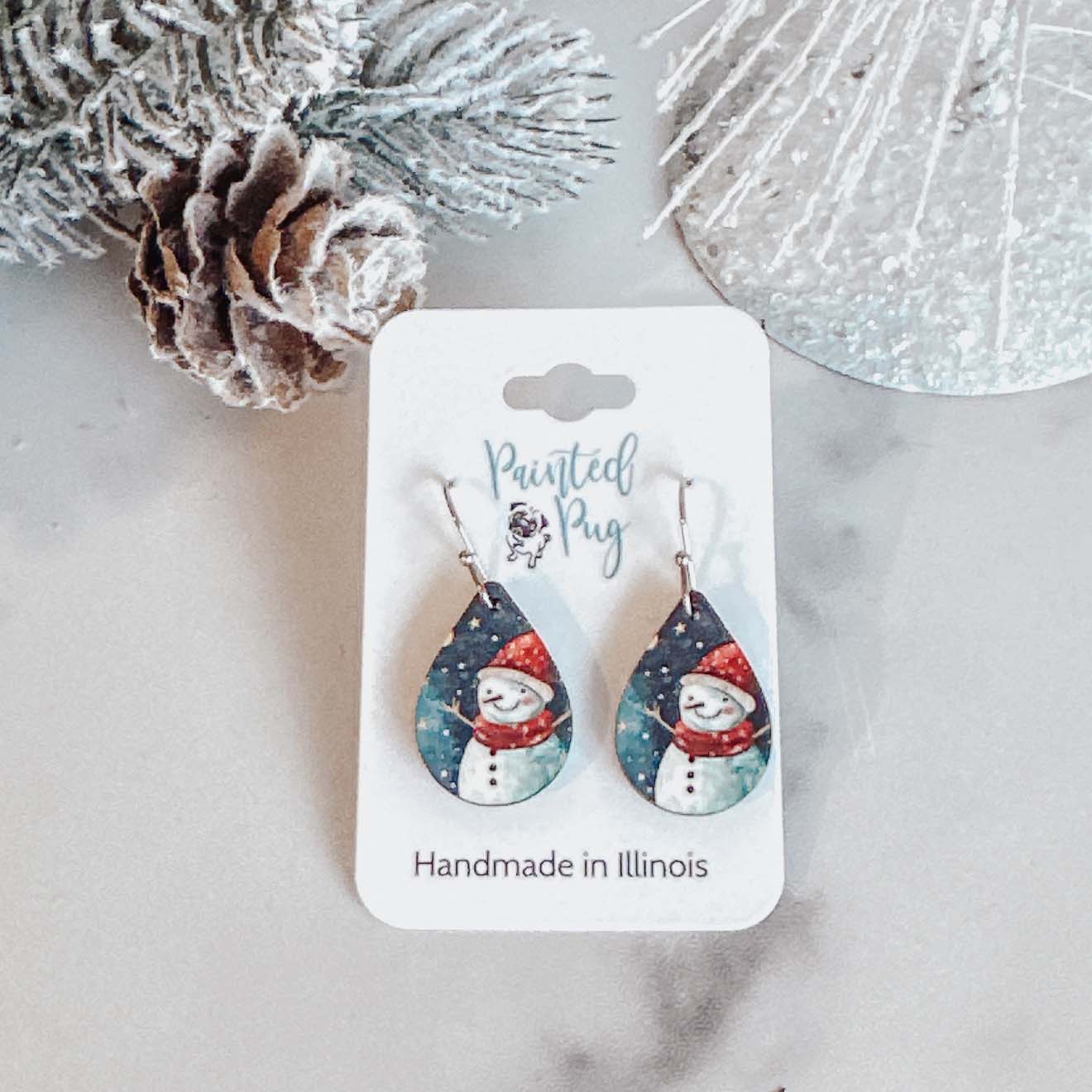 Snowman Santa Hat Christmas Teardrop Earrings - Festive Holiday Jewelry