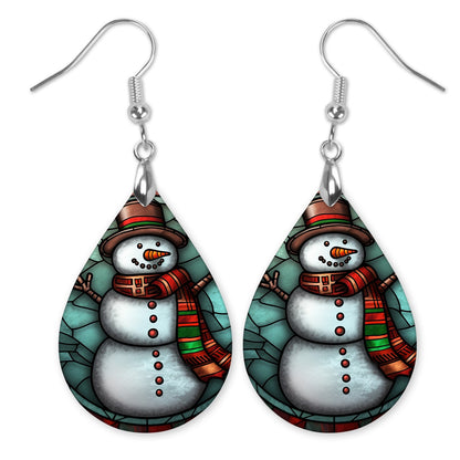 Blue Snowman Stained Glass Earrings – Holiday Teardrop Jewelry