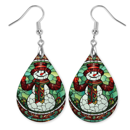 Snowman Stained Glass Earrings – Holiday Teardrop Jewelry