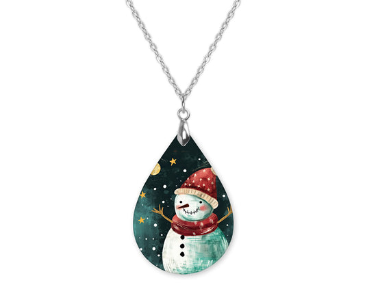 Snowman Primitive Teardrop Shape Necklace