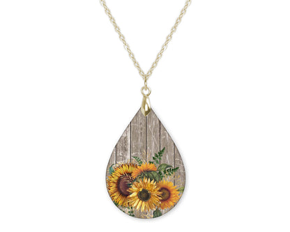 Sunflower Barnwood Fall Teardrop Shape Necklace