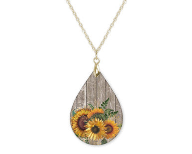 Sunflower Barnwood Fall Teardrop Shape Necklace