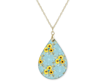 Sunflower Blue Yellow Fall Teardrop Shape Necklace