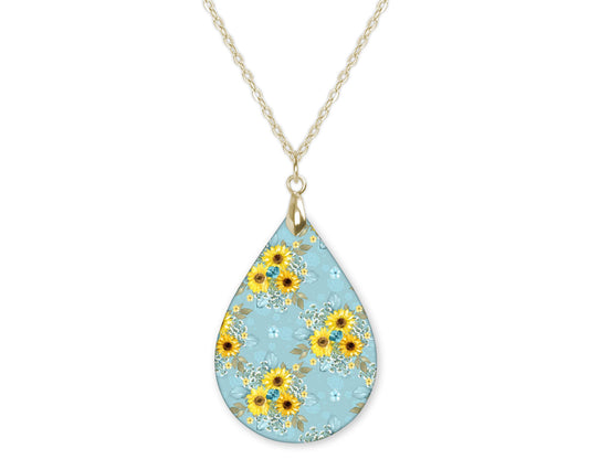 Sunflower Blue Yellow Fall Teardrop Shape Necklace