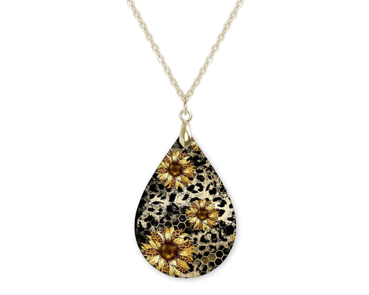 Sunflower Leopard Pattern Fall Teardrop Shape Necklace