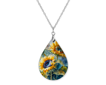 Sunflower Watercolor Art Fall Teardrop Shape Necklace