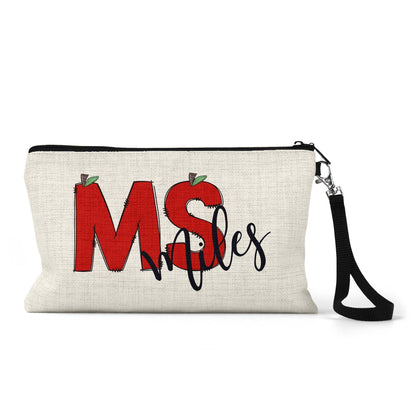 Personalized teacher apple Makeup Bag front view on a white background
