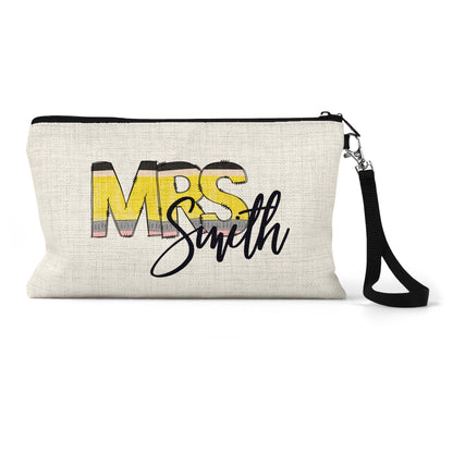 Personalized teacher pencil letters Makeup Bag front view on a white background