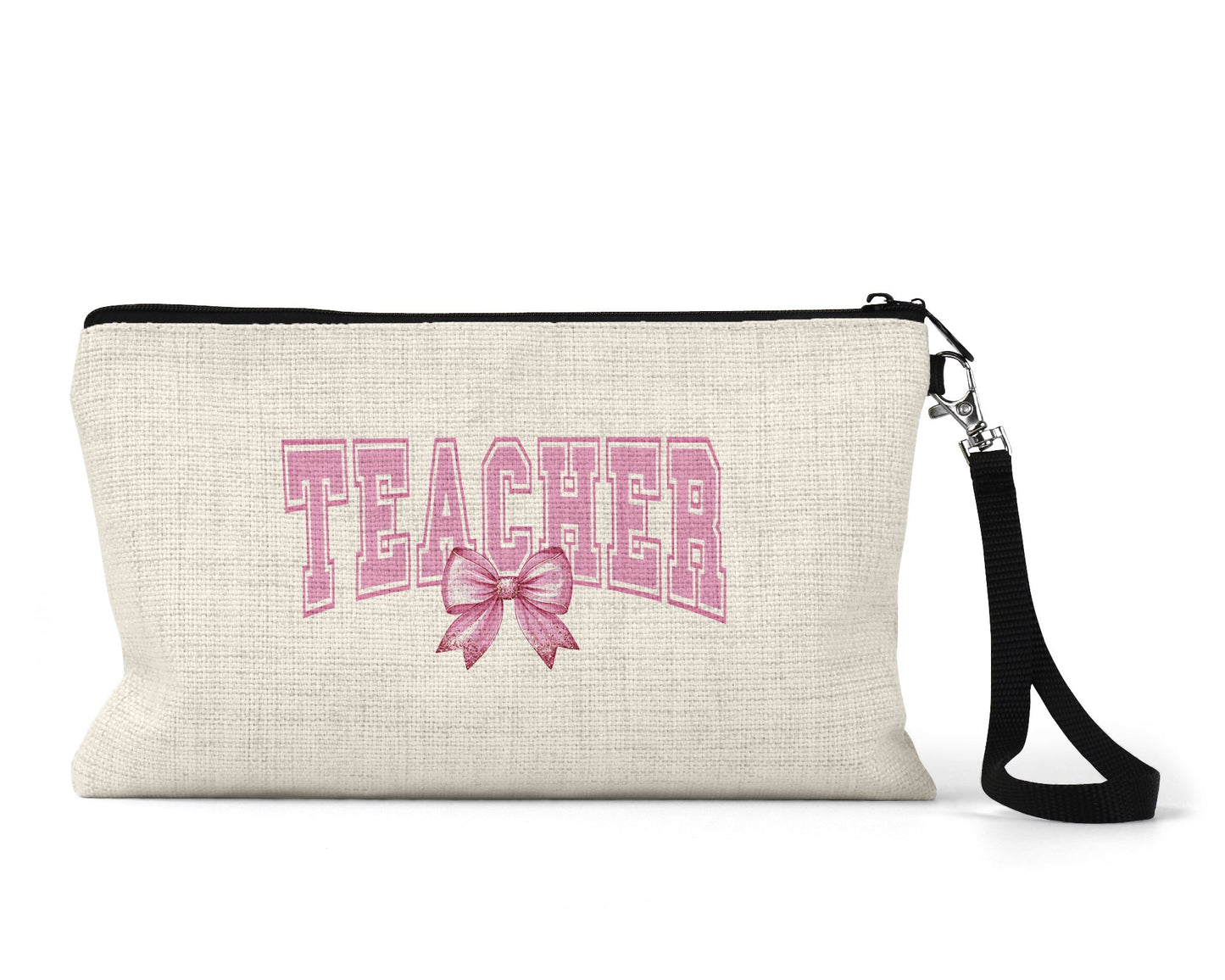 Teacher pink bow varsity Makeup Bag front view on a white background