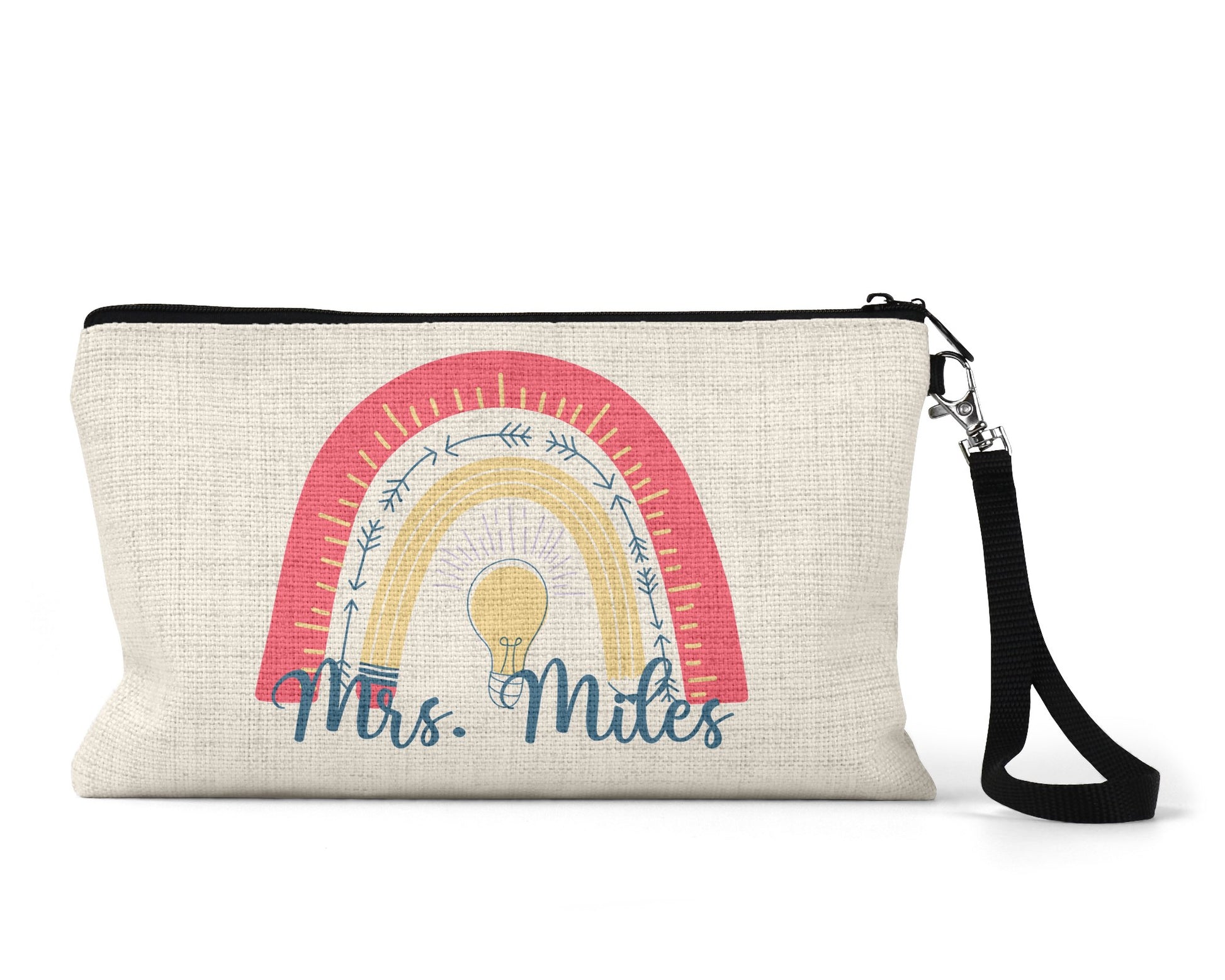 Personalized teacher rainbow Makeup Bag front view on a white background