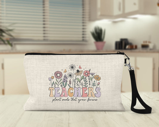 Teachers Plant Seeds That Grow Forever Makeup Bag on a kitchen counter