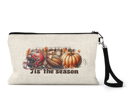 Tis the Season Football Makeup Bag front view on a white background