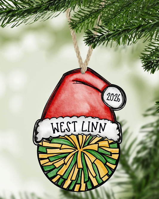 Green and gold cheer pom Christmas ornament hanging on a Christmas tree - The Painted Pug