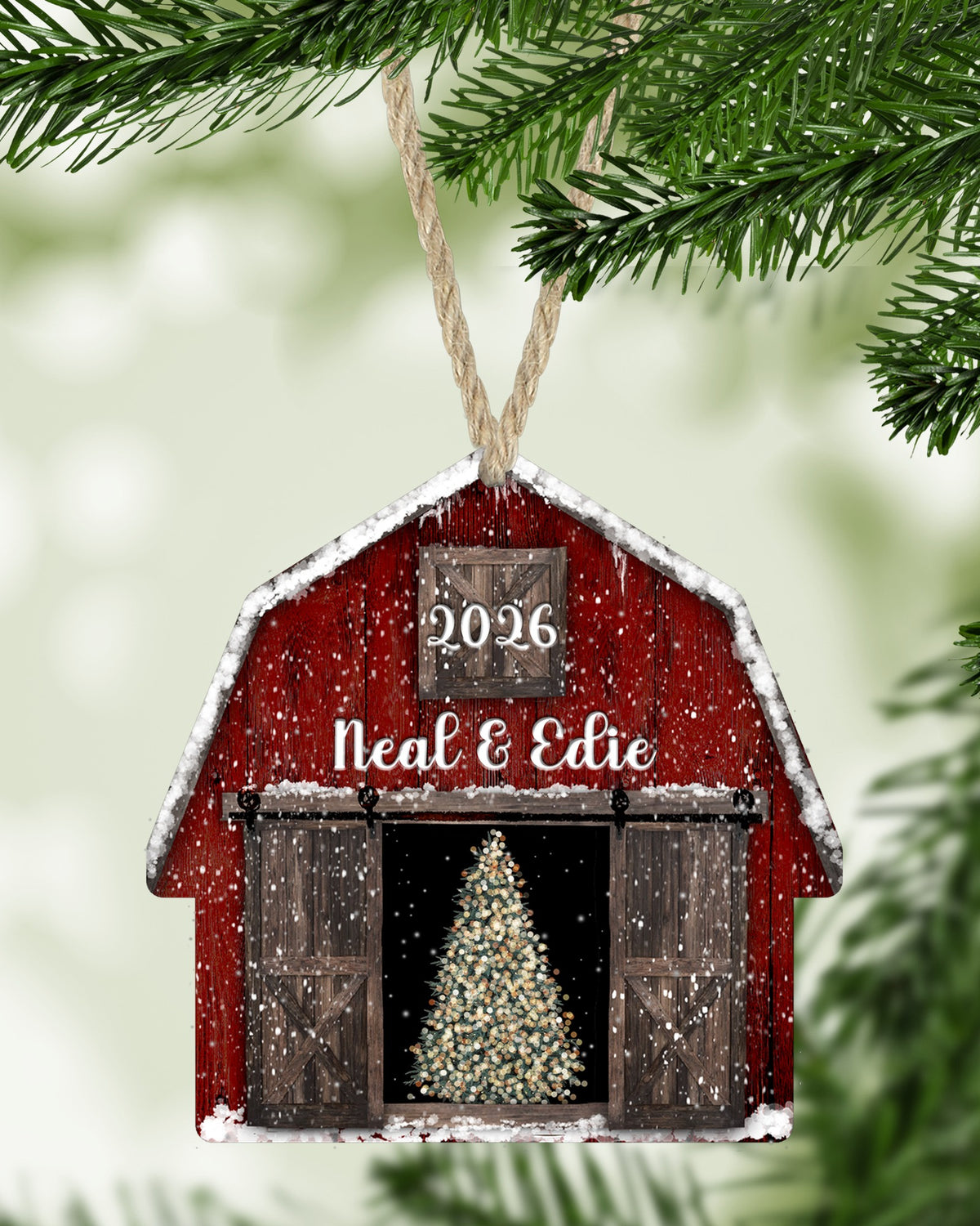 Red Barn with Tree Christmas ornament hanging on a Christmas tree - The Painted Pug