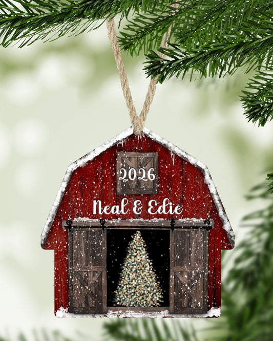 Red Barn with Tree Christmas ornament hanging on a Christmas tree - The Painted Pug