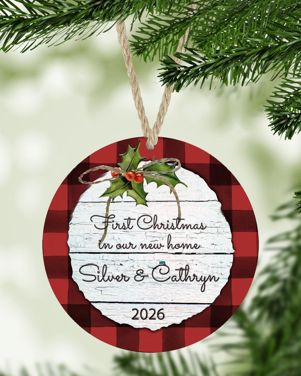 Red Plaid White Barnwood Christmas ornament hanging on a Christmas tree - The Painted Pug