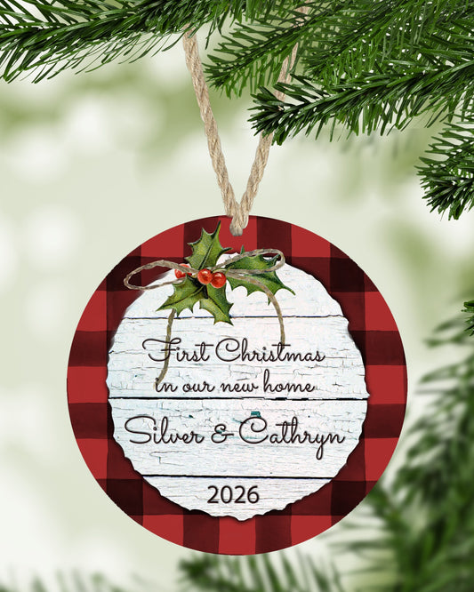 Red Plaid White Barnwood Christmas ornament hanging on a Christmas tree - The Painted Pug