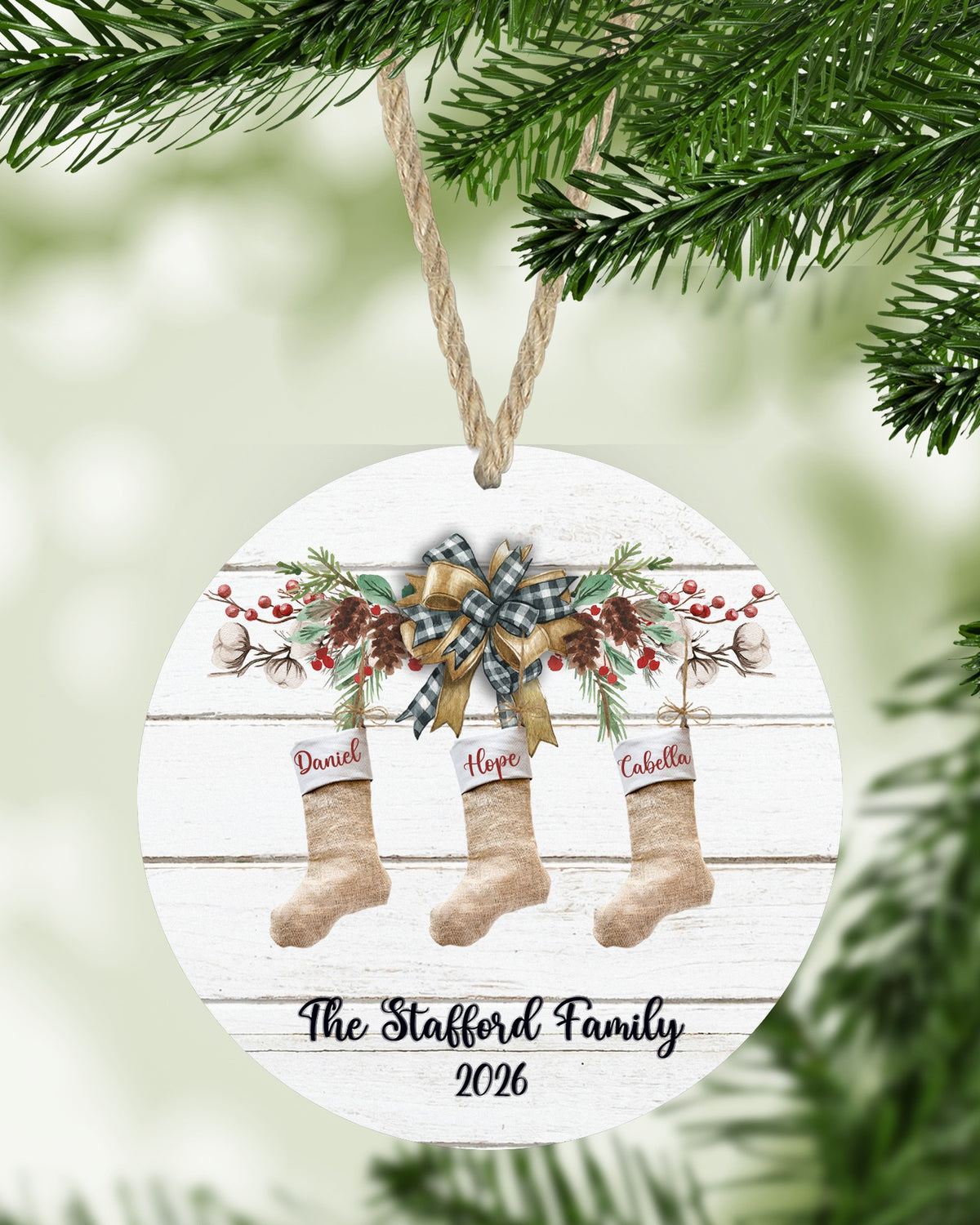 Stocking mantle family Christmas ornament with 3 stockings hanging on a Christmas tree - The Painted Pug