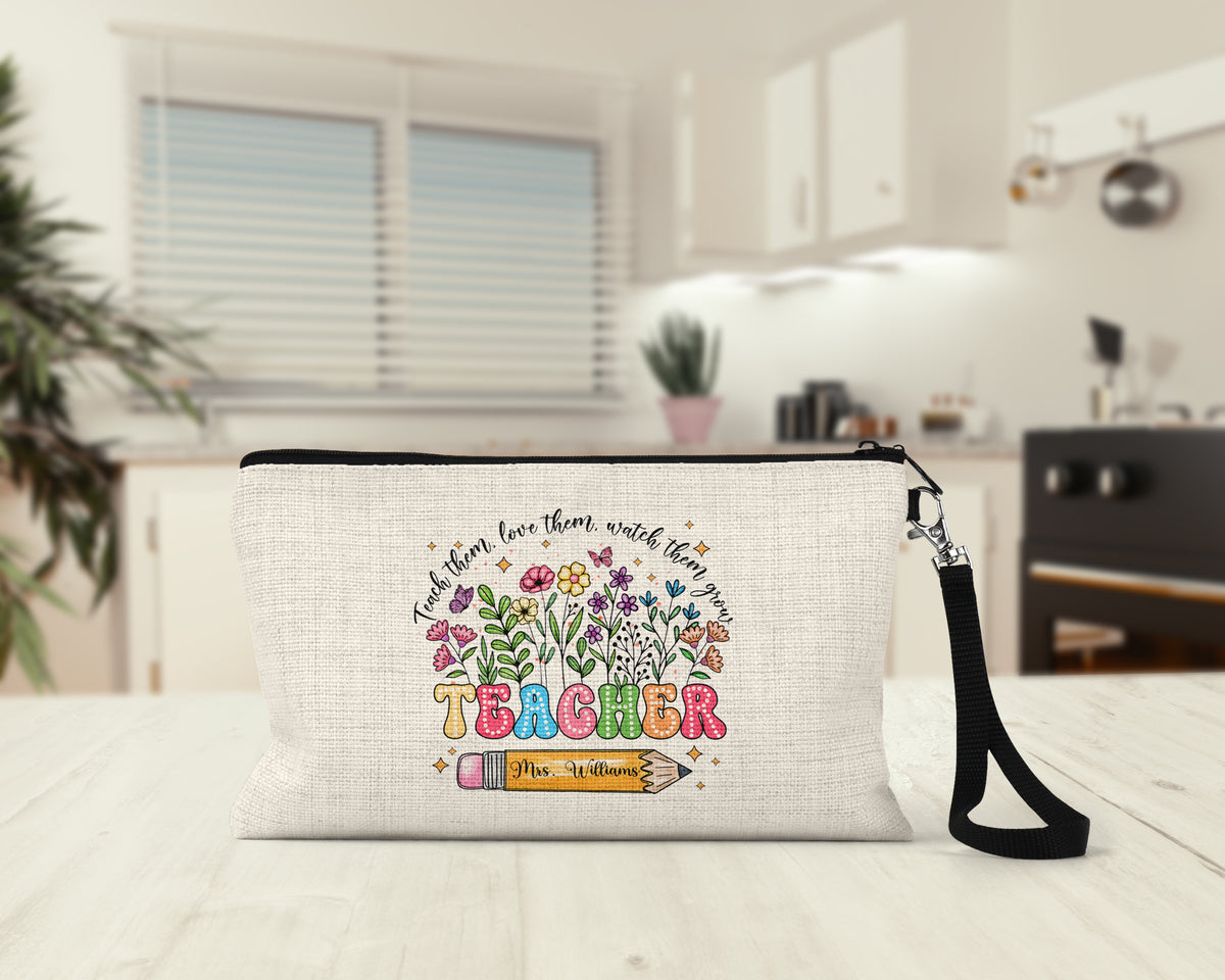 Personalized Teacher Makeup Bag on a kitchen counter