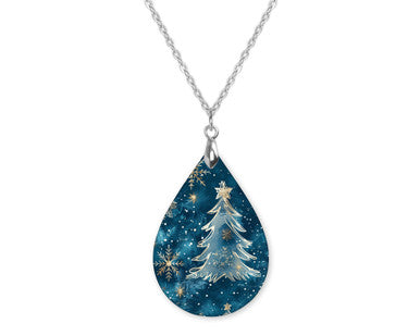 Teal Winter Tree Teardrop Shape Necklace