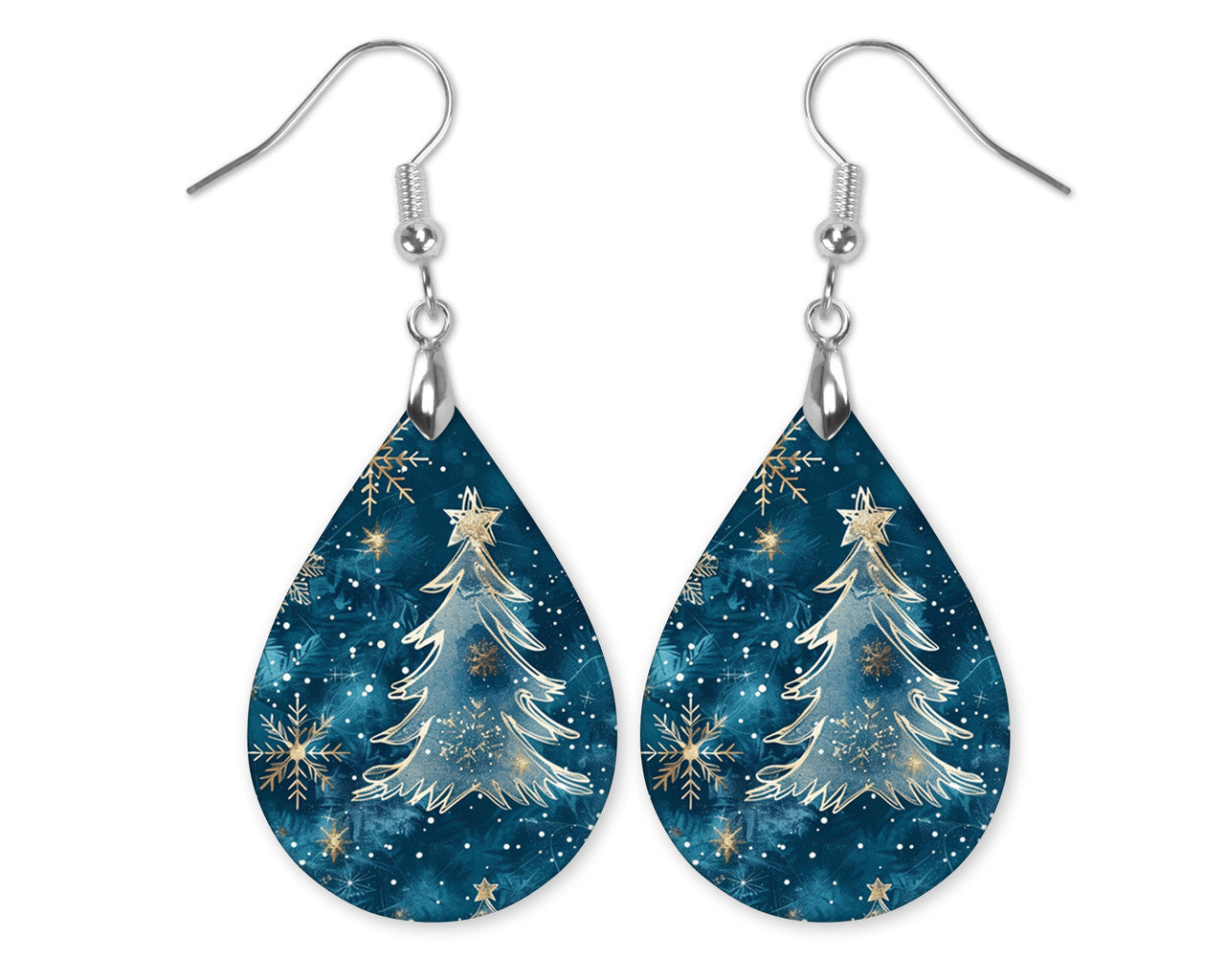 Teal Winter Tree Dangle Teardrop Earrings