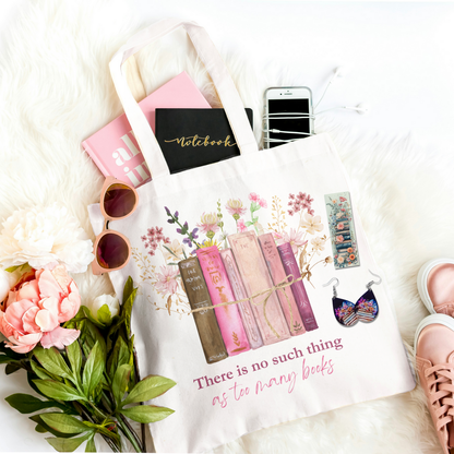 There is No Such Thing as Too Many Books Tote Bag Gift Set with Bookmark and Earrings