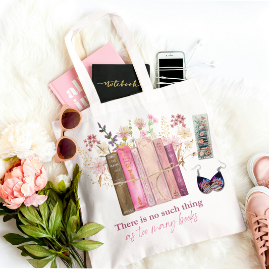 There is No Such Thing as Too Many Books Tote Bag Gift Set with Bookmark and Earrings