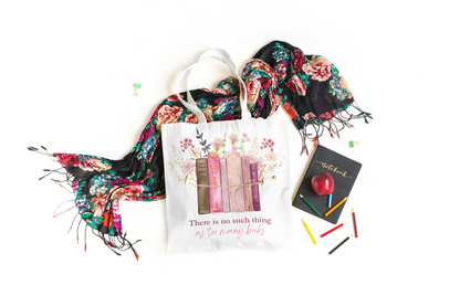 There is No Such Thing as Too Many Books Tote Bag Gift Set with Bookmark and Earrings