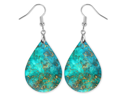 Turquoise Gold Marble Dangle Teardrop Earrings