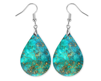 Turquoise Gold Marble Dangle Teardrop Earrings
