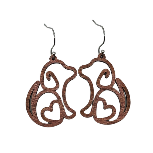 Heart Dog Cutout Earrings – Brown Wooden Dog Lover Dangle Earrings