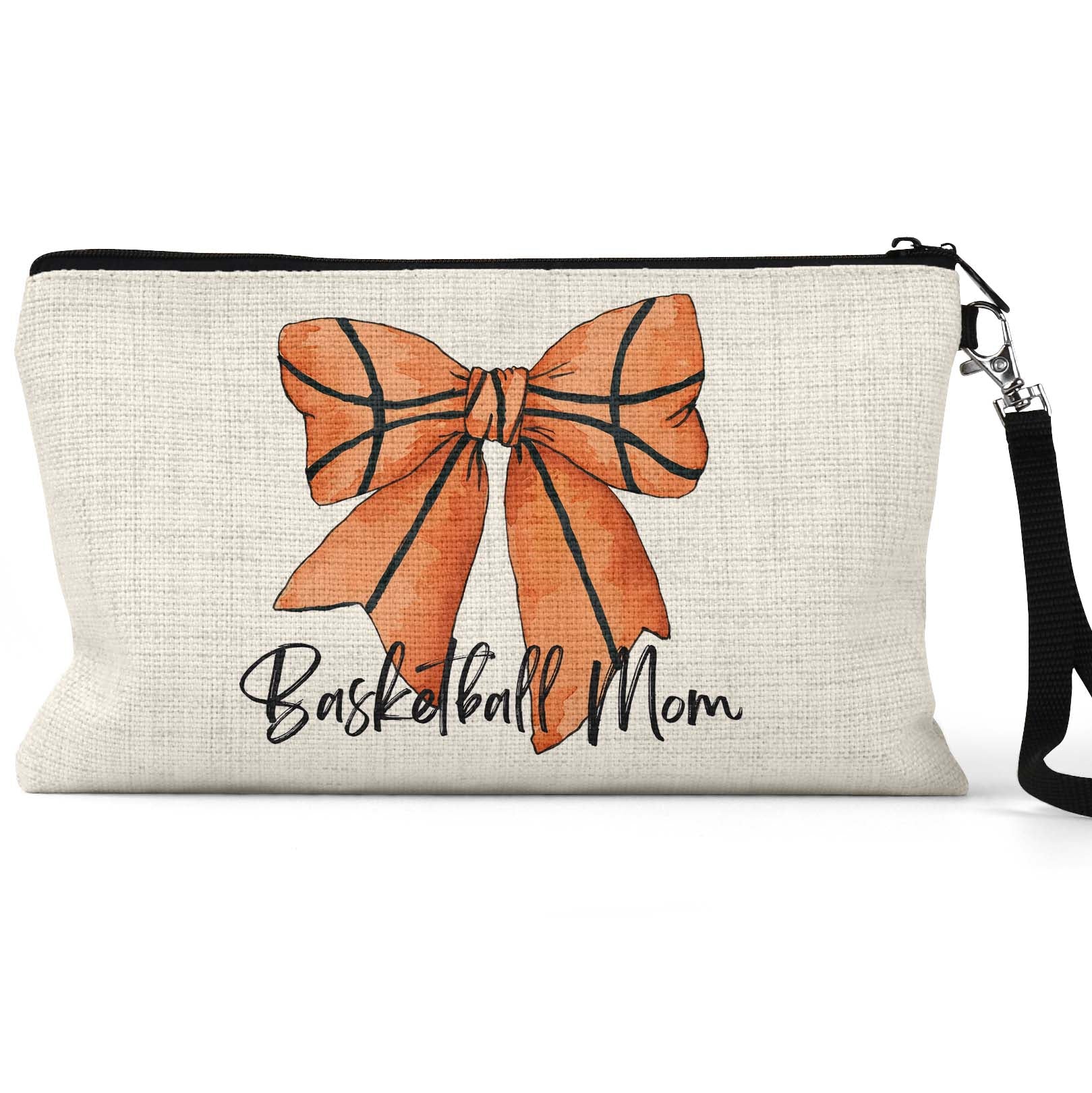 Basketball Mom Bow Makeup Bag front view on a white background
