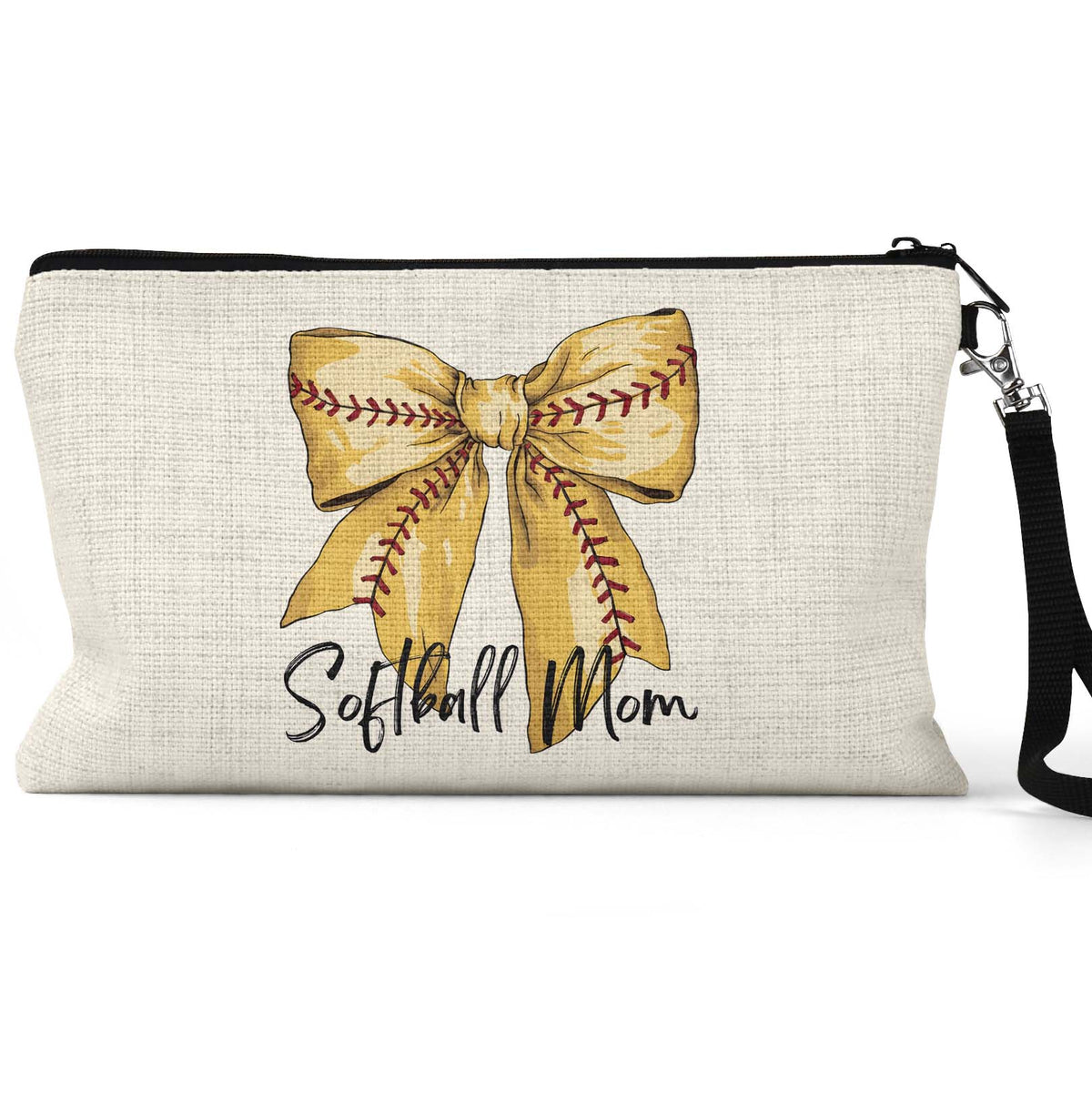 Softball Mom Bow Makeup Bag front view on a white background