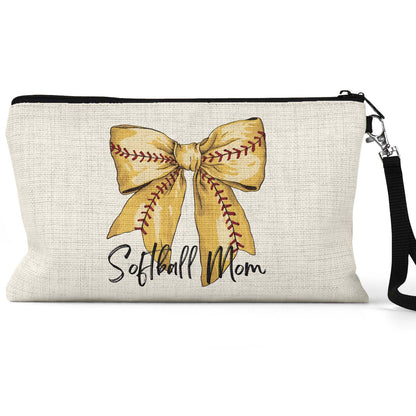 Softball Mom Bow Makeup Bag front view on a white background
